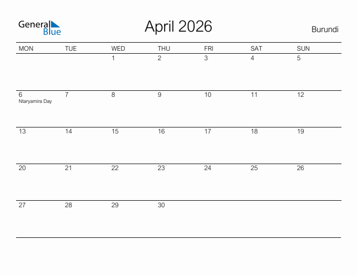 Printable April 2026 Calendar for Burundi