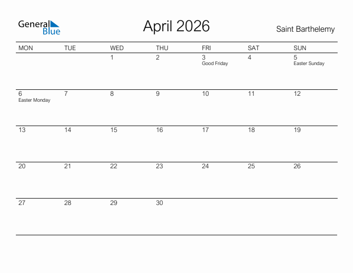 Printable April 2026 Calendar for Saint Barthelemy