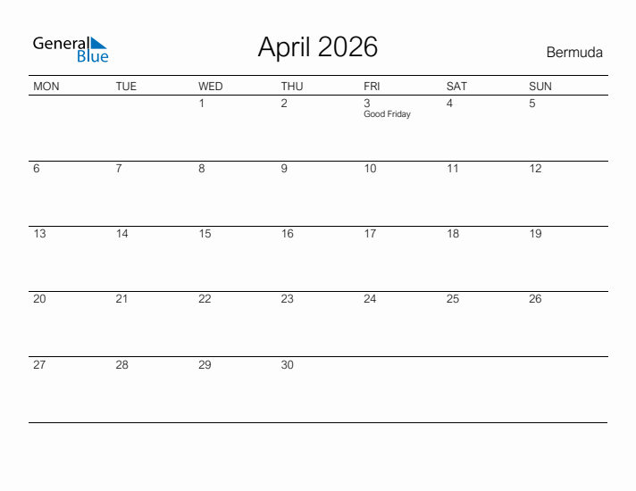 Printable April 2026 Calendar for Bermuda