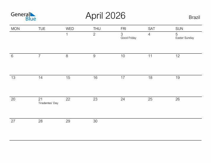 Printable April 2026 Calendar for Brazil
