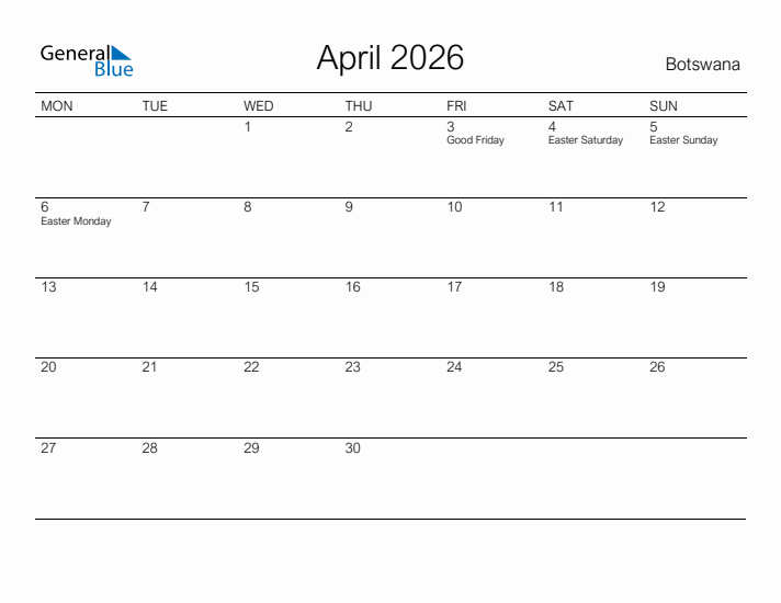 Printable April 2026 Calendar for Botswana