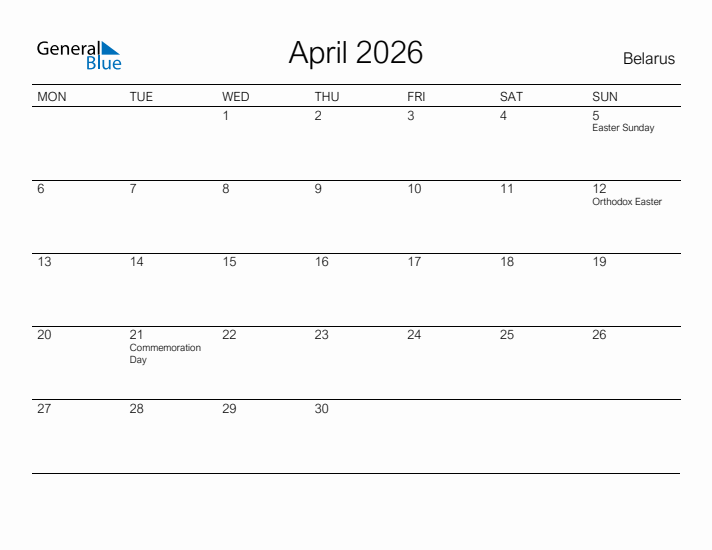 Printable April 2026 Calendar for Belarus