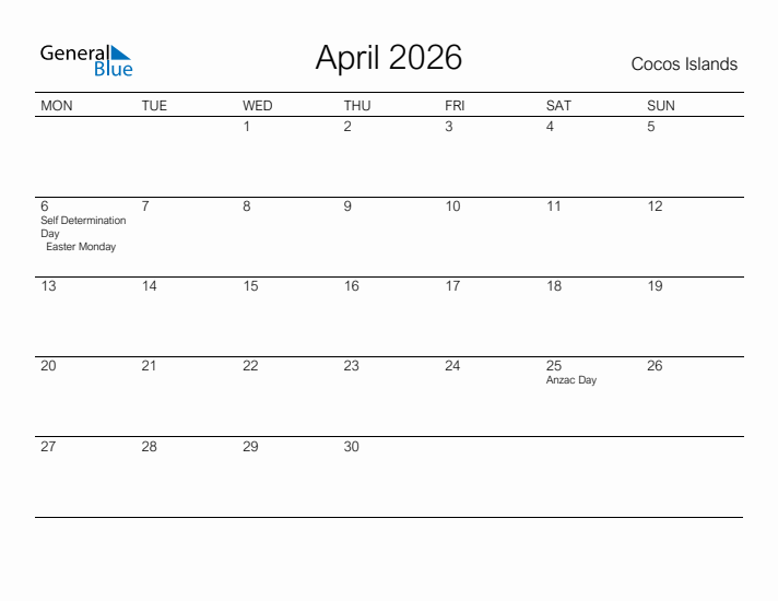 Printable April 2026 Calendar for Cocos Islands