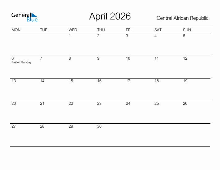 Printable April 2026 Calendar for Central African Republic