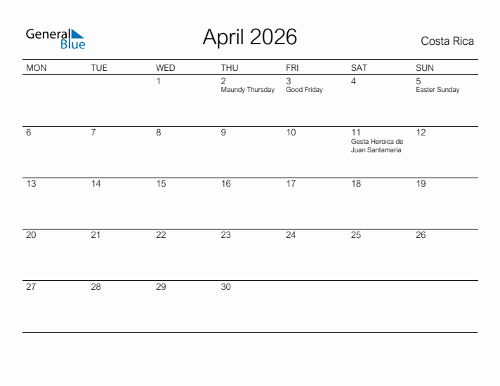 Printable April 2026 Calendar for Costa Rica