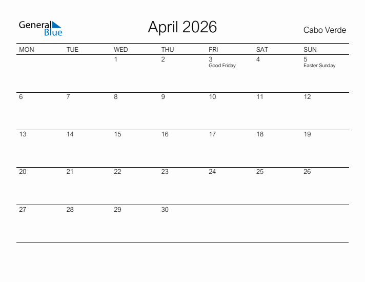 Printable April 2026 Calendar for Cabo Verde