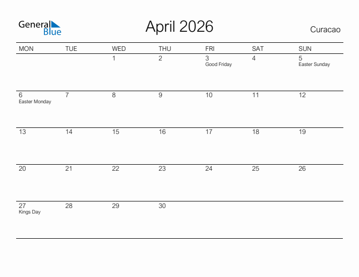 Printable April 2026 Calendar for Curacao