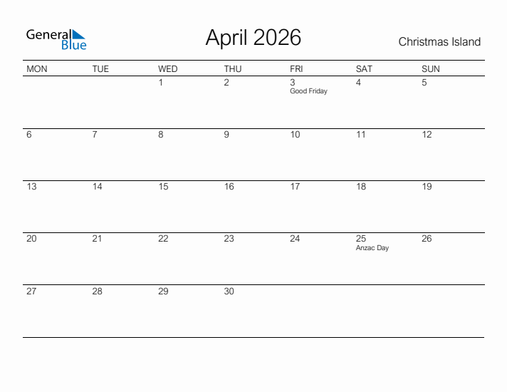 Printable April 2026 Calendar for Christmas Island