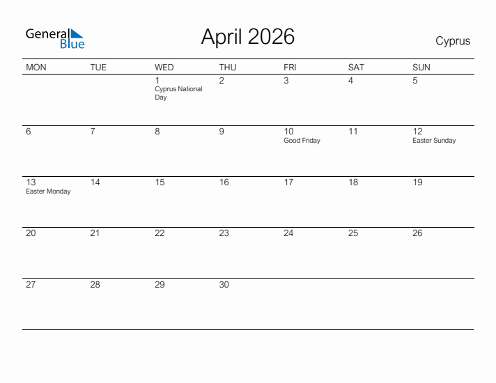 Printable April 2026 Calendar for Cyprus