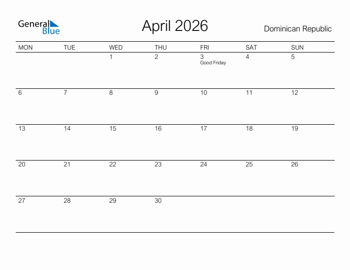 Printable April 2026 Calendar for Dominican Republic
