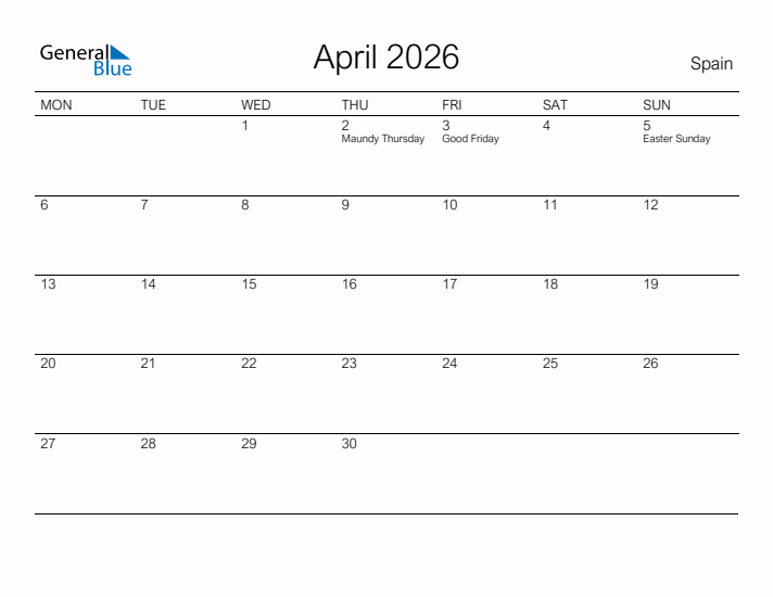 Printable April 2026 Calendar for Spain