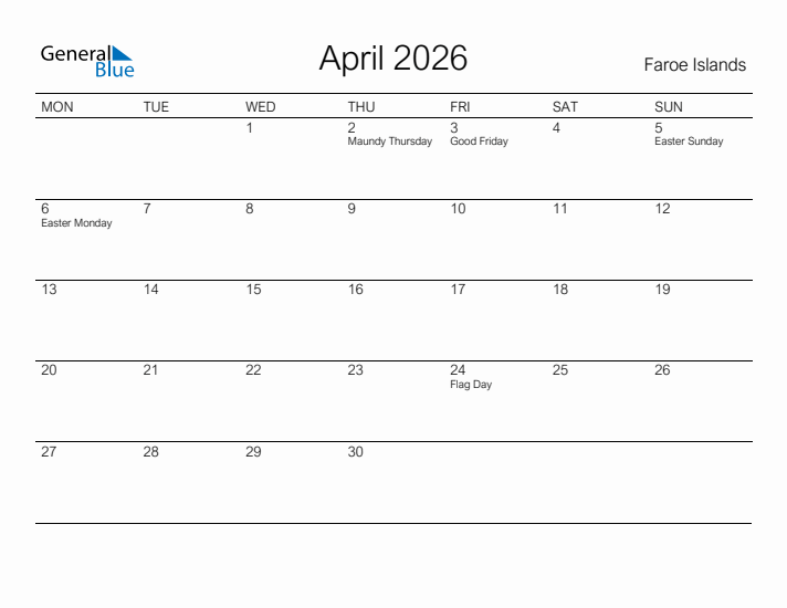 Printable April 2026 Calendar for Faroe Islands