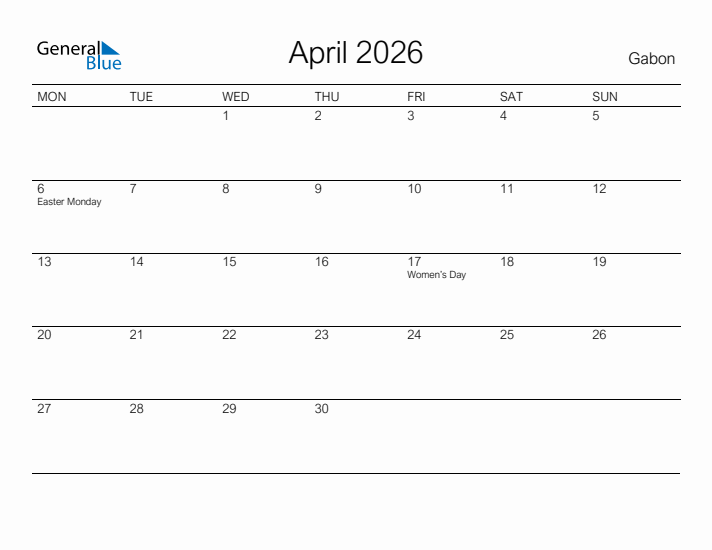 Printable April 2026 Calendar for Gabon