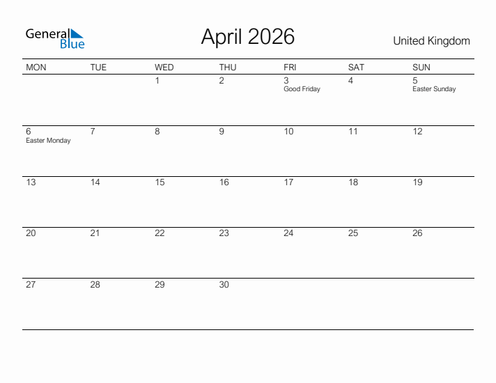 Printable April 2026 Calendar for United Kingdom
