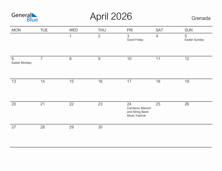 Printable April 2026 Calendar for Grenada