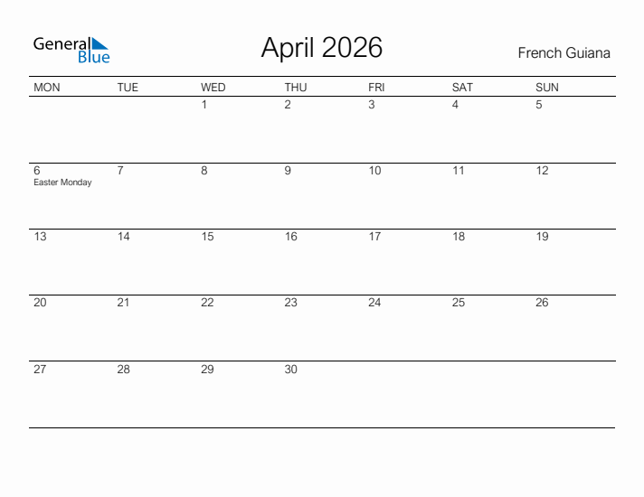 Printable April 2026 Calendar for French Guiana
