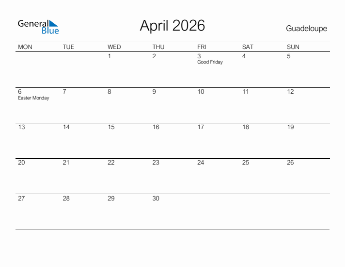 Printable April 2026 Calendar for Guadeloupe