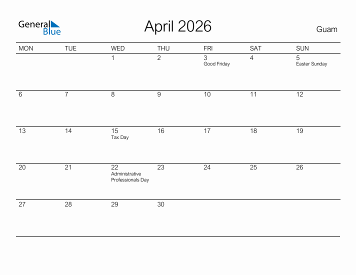 Printable April 2026 Calendar for Guam