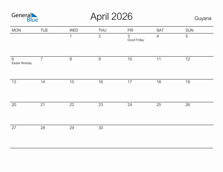 Printable April 2026 Calendar for Guyana