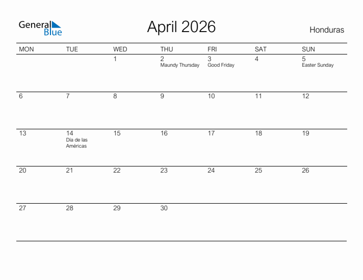 Printable April 2026 Calendar for Honduras