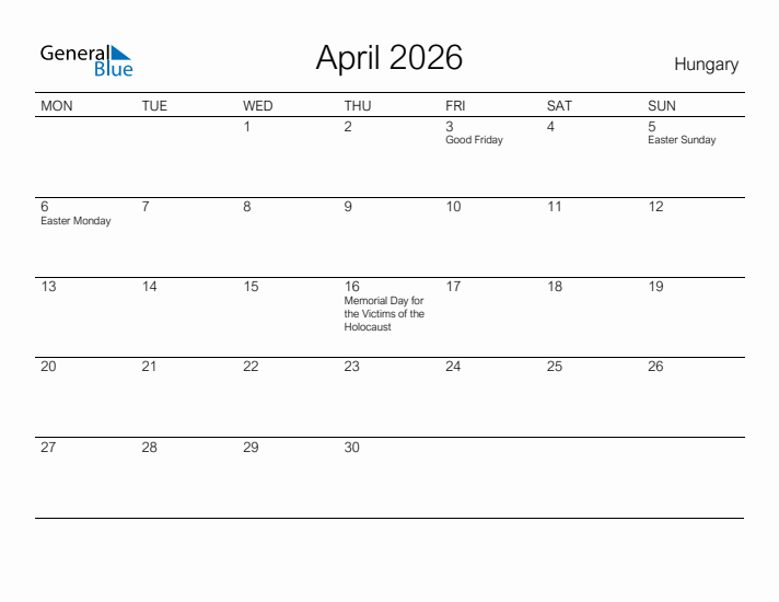 Printable April 2026 Calendar for Hungary