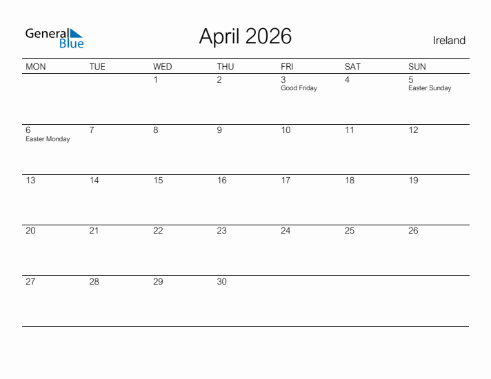 Printable April 2026 Calendar for Ireland