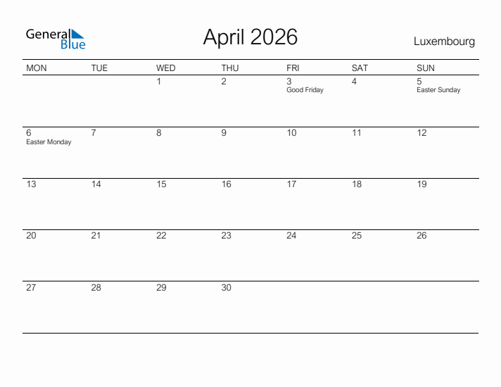 Printable April 2026 Calendar for Luxembourg