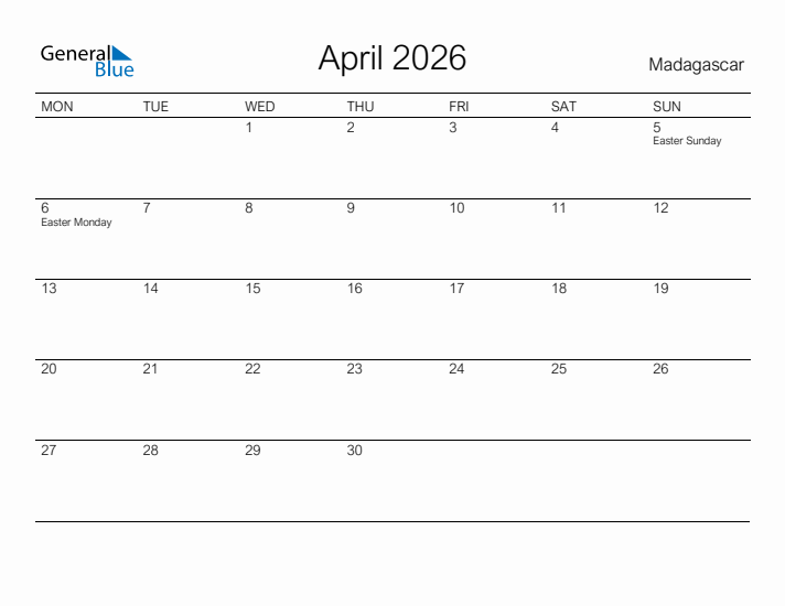 Printable April 2026 Calendar for Madagascar