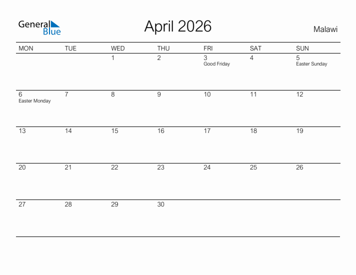 Printable April 2026 Calendar for Malawi