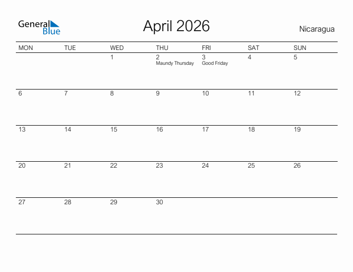 Printable April 2026 Calendar for Nicaragua