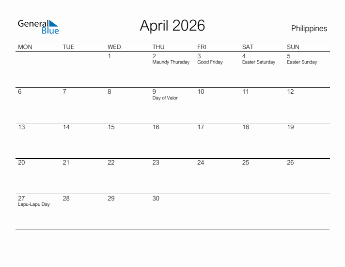 Printable April 2026 Calendar for Philippines