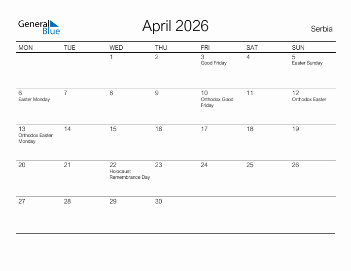 Printable April 2026 Calendar for Serbia