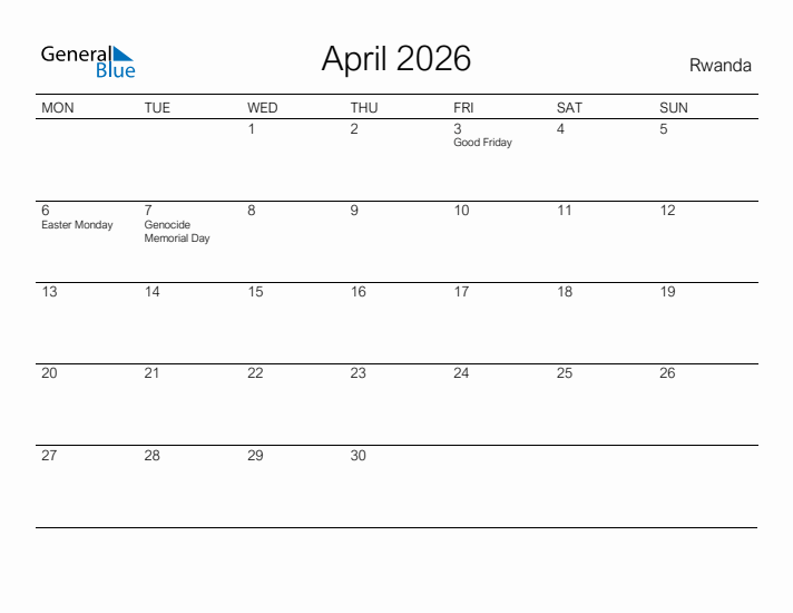 Printable April 2026 Calendar for Rwanda