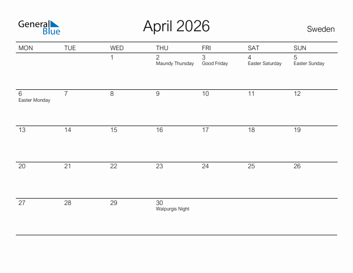 Printable April 2026 Calendar for Sweden