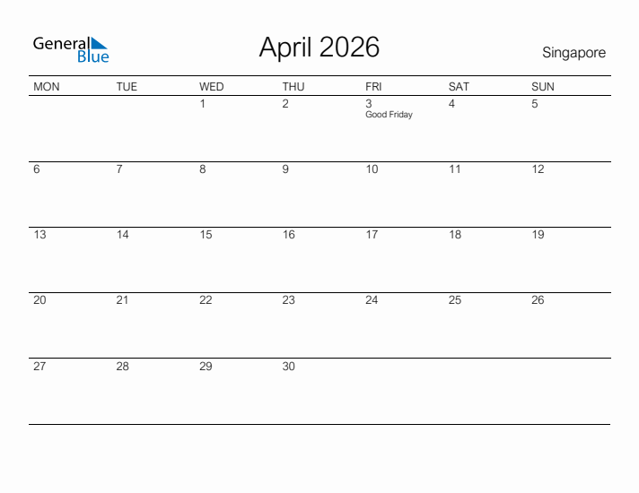 Printable April 2026 Calendar for Singapore