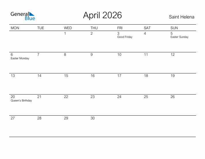 Printable April 2026 Calendar for Saint Helena