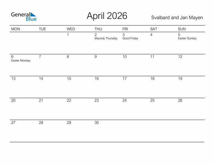 Printable April 2026 Calendar for Svalbard and Jan Mayen