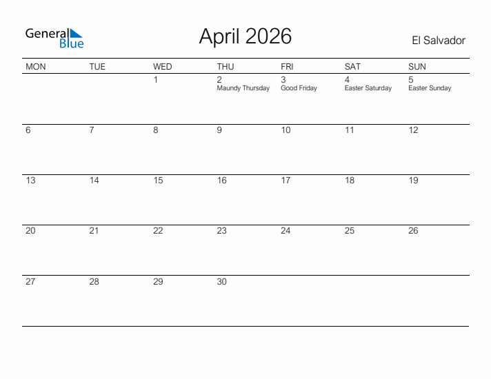 Printable April 2026 Calendar for El Salvador