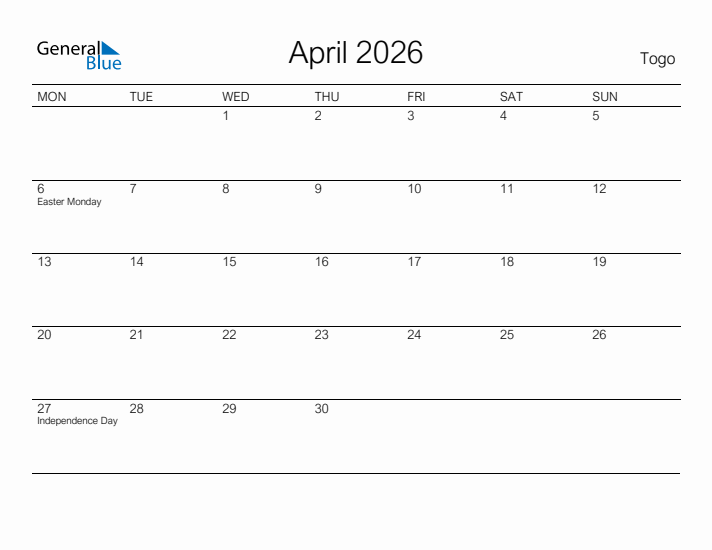 Printable April 2026 Calendar for Togo