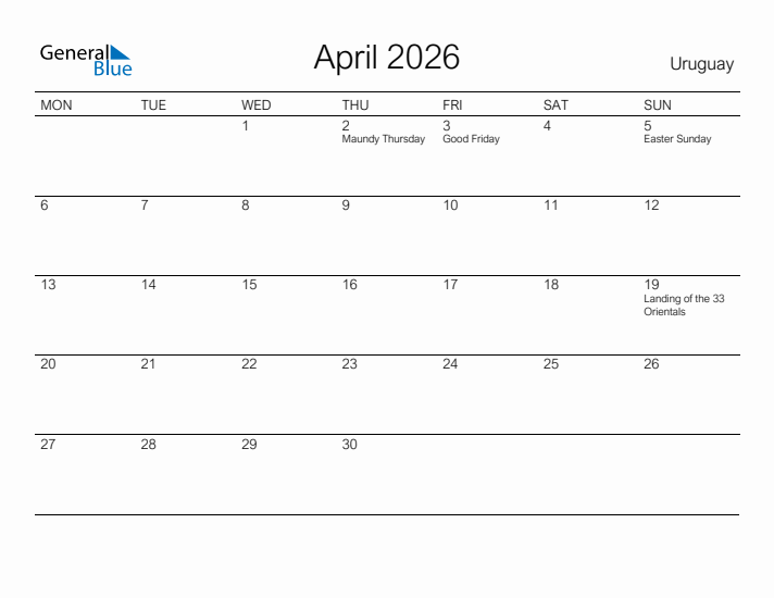 Printable April 2026 Calendar for Uruguay