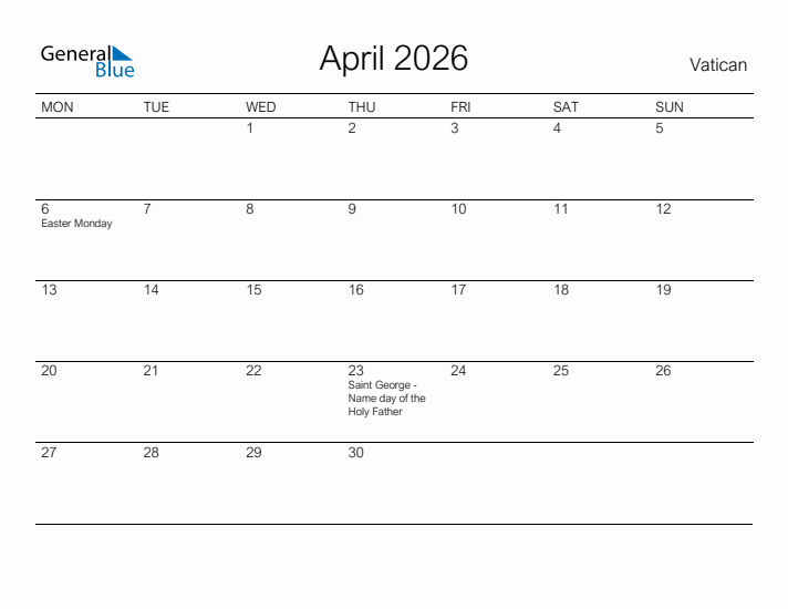 Printable April 2026 Calendar for Vatican