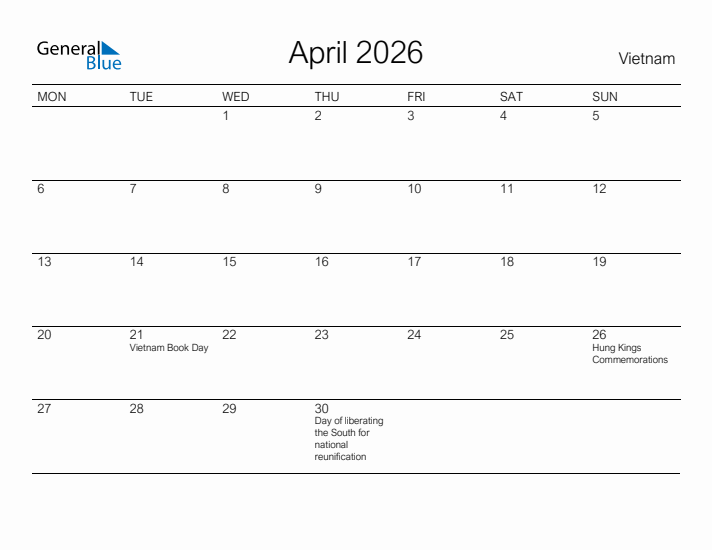 Printable April 2026 Calendar for Vietnam