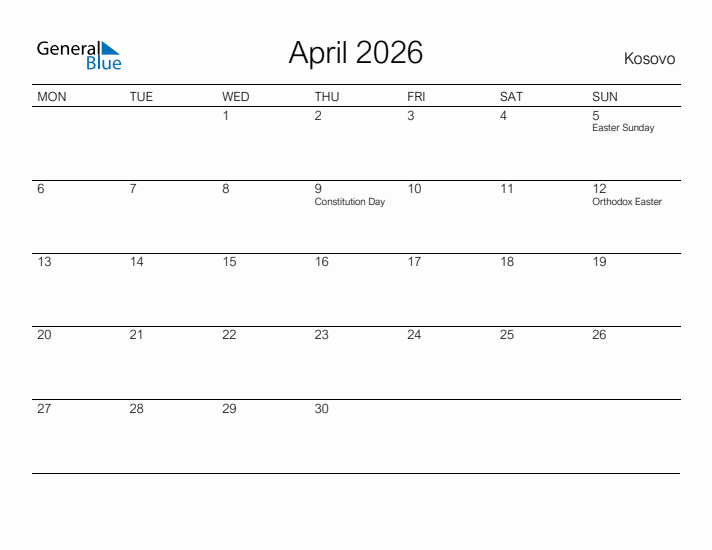 Printable April 2026 Calendar for Kosovo