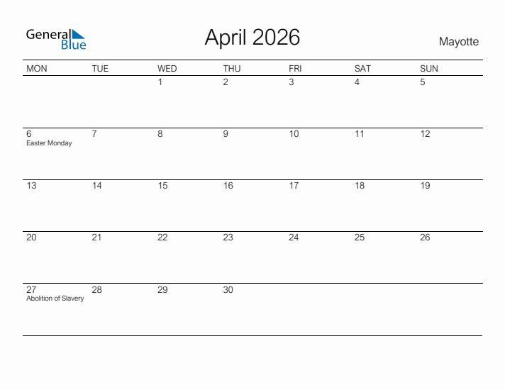 Printable April 2026 Calendar for Mayotte