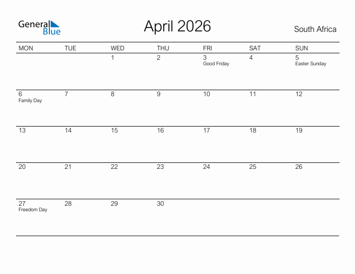 Printable April 2026 Calendar for South Africa