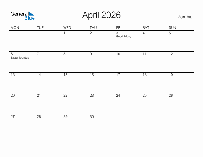 Printable April 2026 Calendar for Zambia