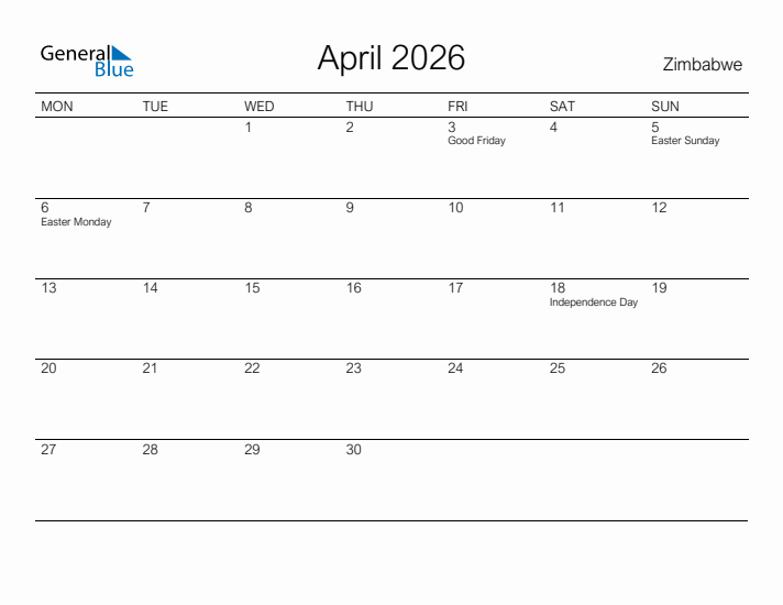 Printable April 2026 Calendar for Zimbabwe