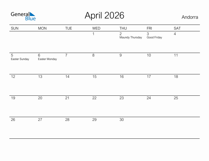Printable April 2026 Calendar for Andorra