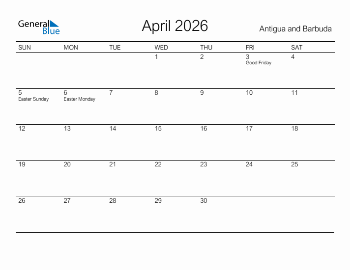 Printable April 2026 Calendar for Antigua and Barbuda
