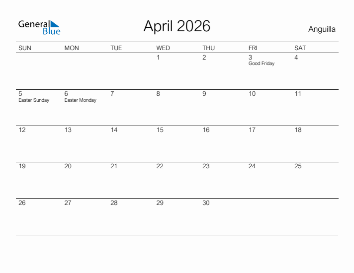 Printable April 2026 Calendar for Anguilla
